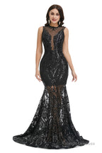 Sequins Sleeveless Floor Length Crew Neck Prom Dresses