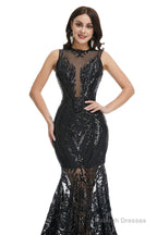 Sequins Sleeveless Floor Length Crew Neck Prom Dresses