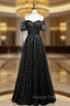Black Sequins Tulle Puff Sleeve Prom Dress