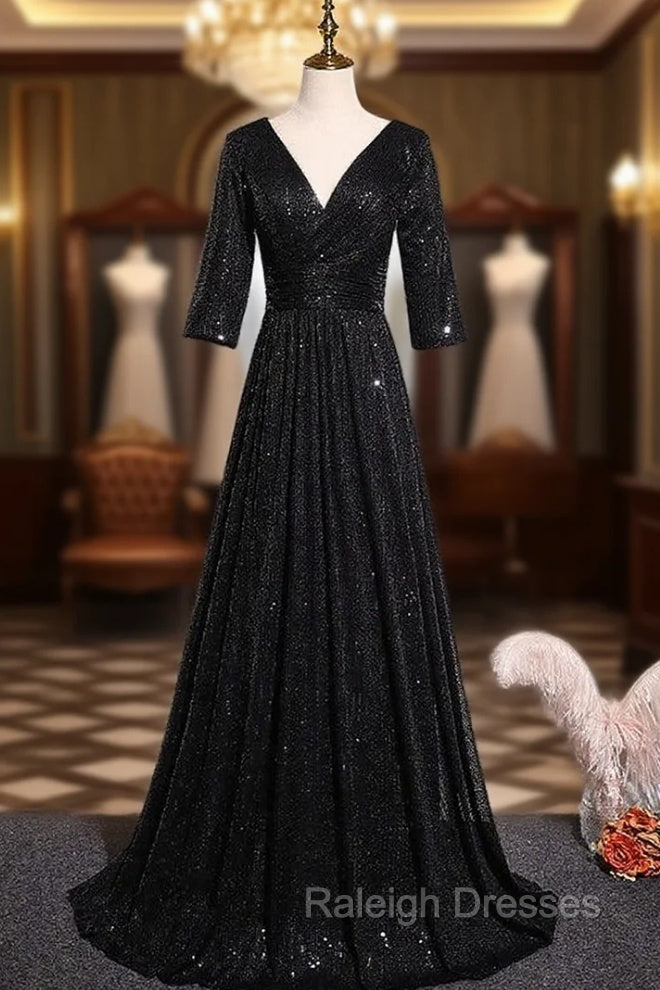 Black Sequins V Neck Short Sleeve Prom Dress