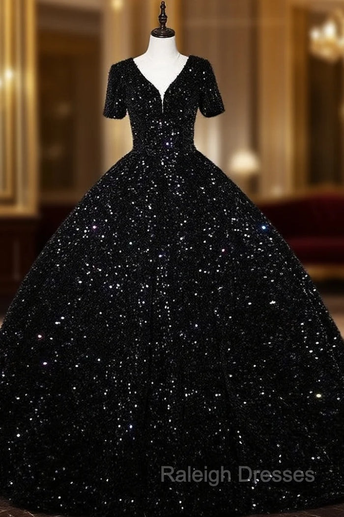 Black Sequins V-neck Short Sleeve Quinceanera Dress Main image