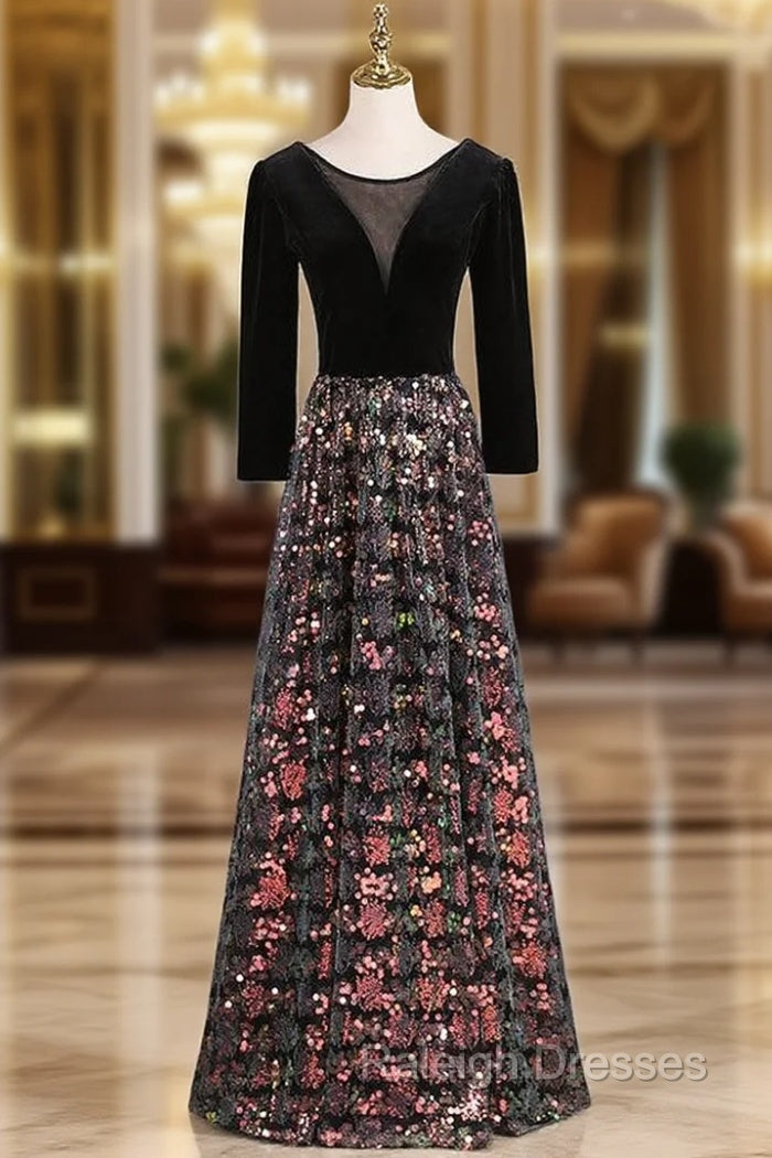 Black Sequins Velvet Long Sleeve Prom Dress