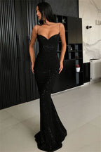 Black Sheath Open Back Spaghetti Straps Equins Prom Dress