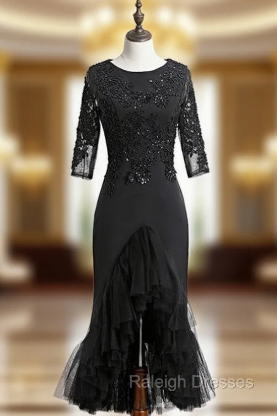 Black Sheath Satin Tulle Appliques Short Sleeve Short  Prom Dress Main image