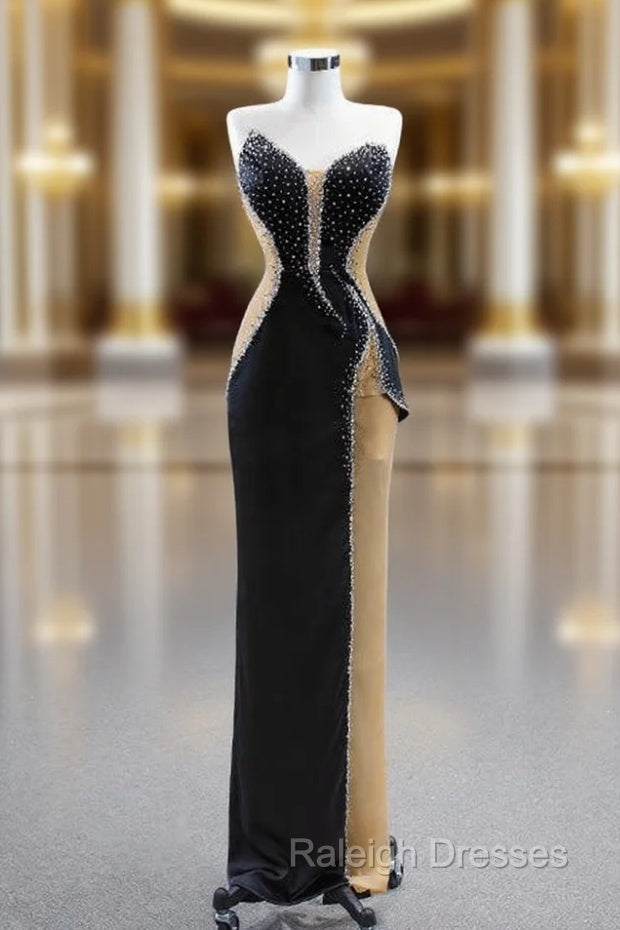 Black Sheath Strapless Beading Prom Dresses
