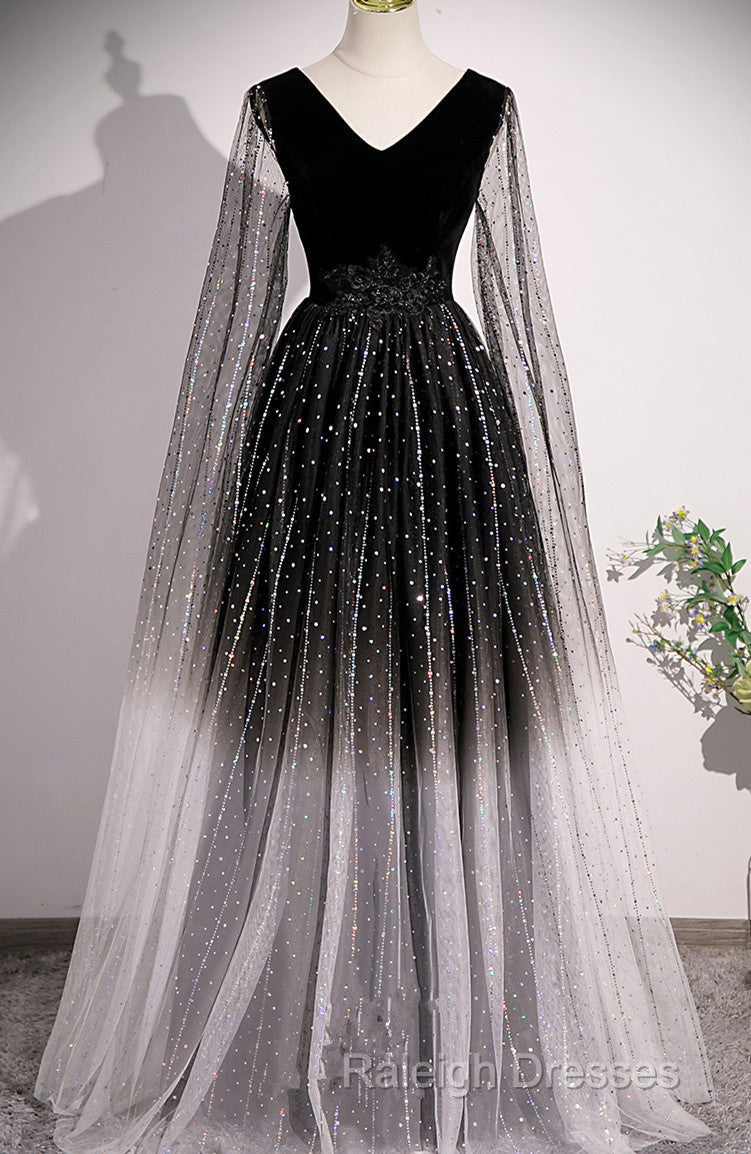 Black Shiny Tulle Gradient Tulle V-Neckline Party Dress, Black Tulle Prom Dress Secondary image