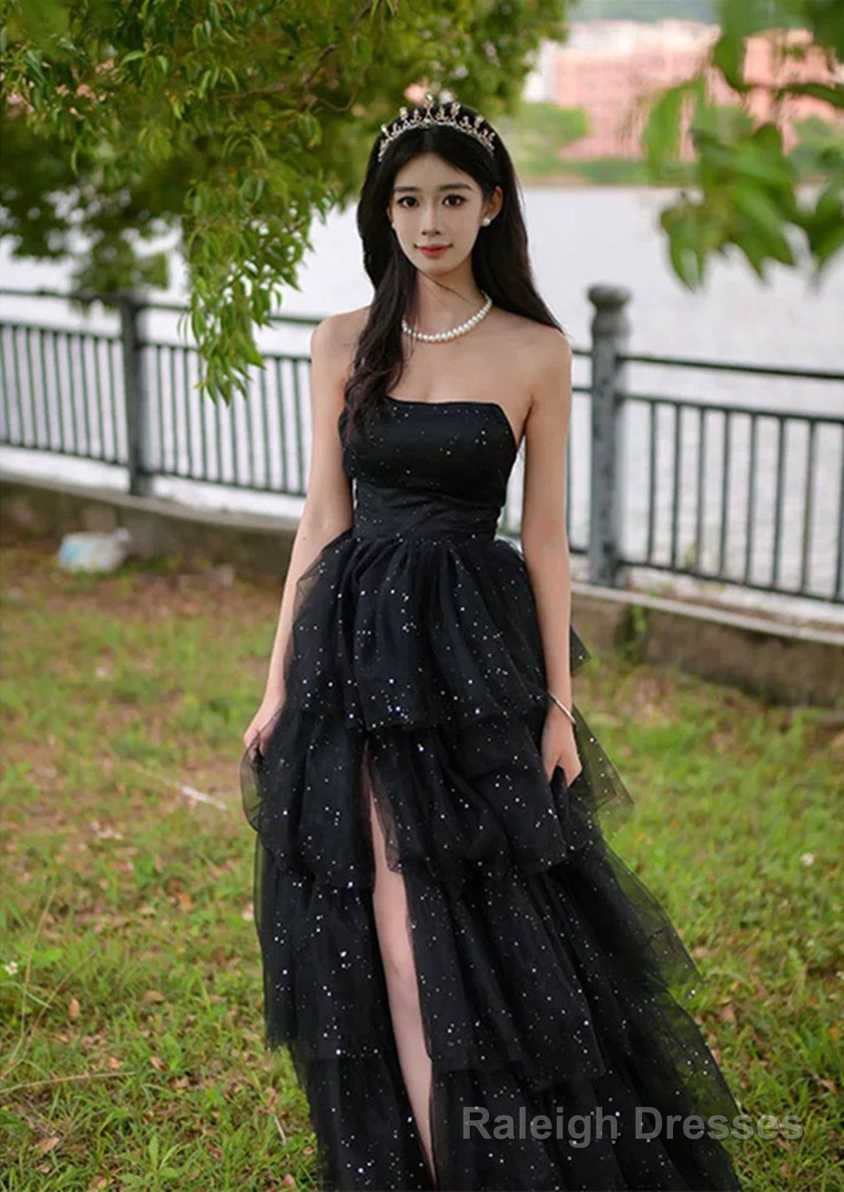 Black Shiny Tulle Layers Long Party Dress with Leg Slit, Black Tulle Prom Dress Secondary image
