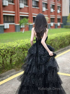 Black Shiny Tulle Layers Long Party Dress with Leg Slit, Black Tulle Prom Dress