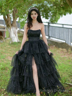 Black Shiny Tulle Layers Long Party Dress with Leg Slit, Black Tulle Prom Dress