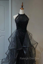 Black Shiny Tulle Long Party Dress with Beaded, Black Evening Dress