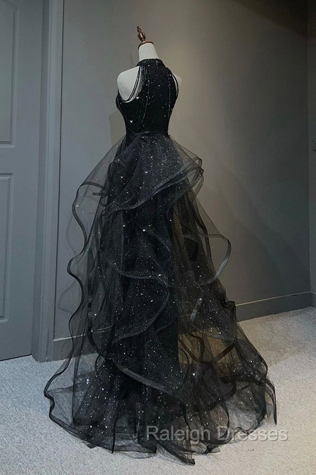 Black Shiny Tulle Long Party Dress with Beaded, Black Evening Dress