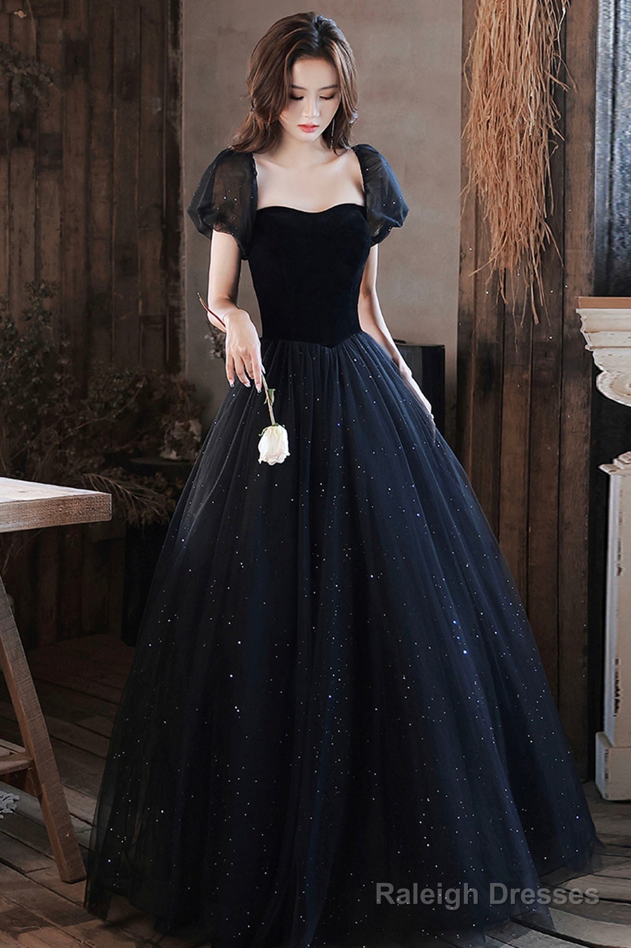 Black Shiny Tulle Long Prom Dress, Black Short Sleeve Evening Dress Secondary image