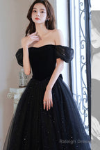 Black Shiny Tulle Long Prom Dress, Black Short Sleeve Evening Dress