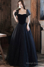 Black Shiny Tulle Long Prom Dress, Black Short Sleeve Evening Dress