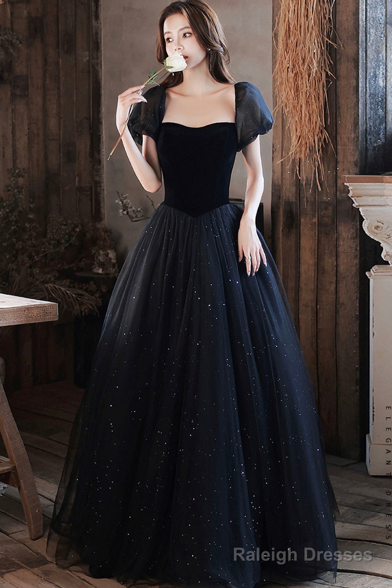 Black Shiny Tulle Long Prom Dress, Black Short Sleeve Evening Dress