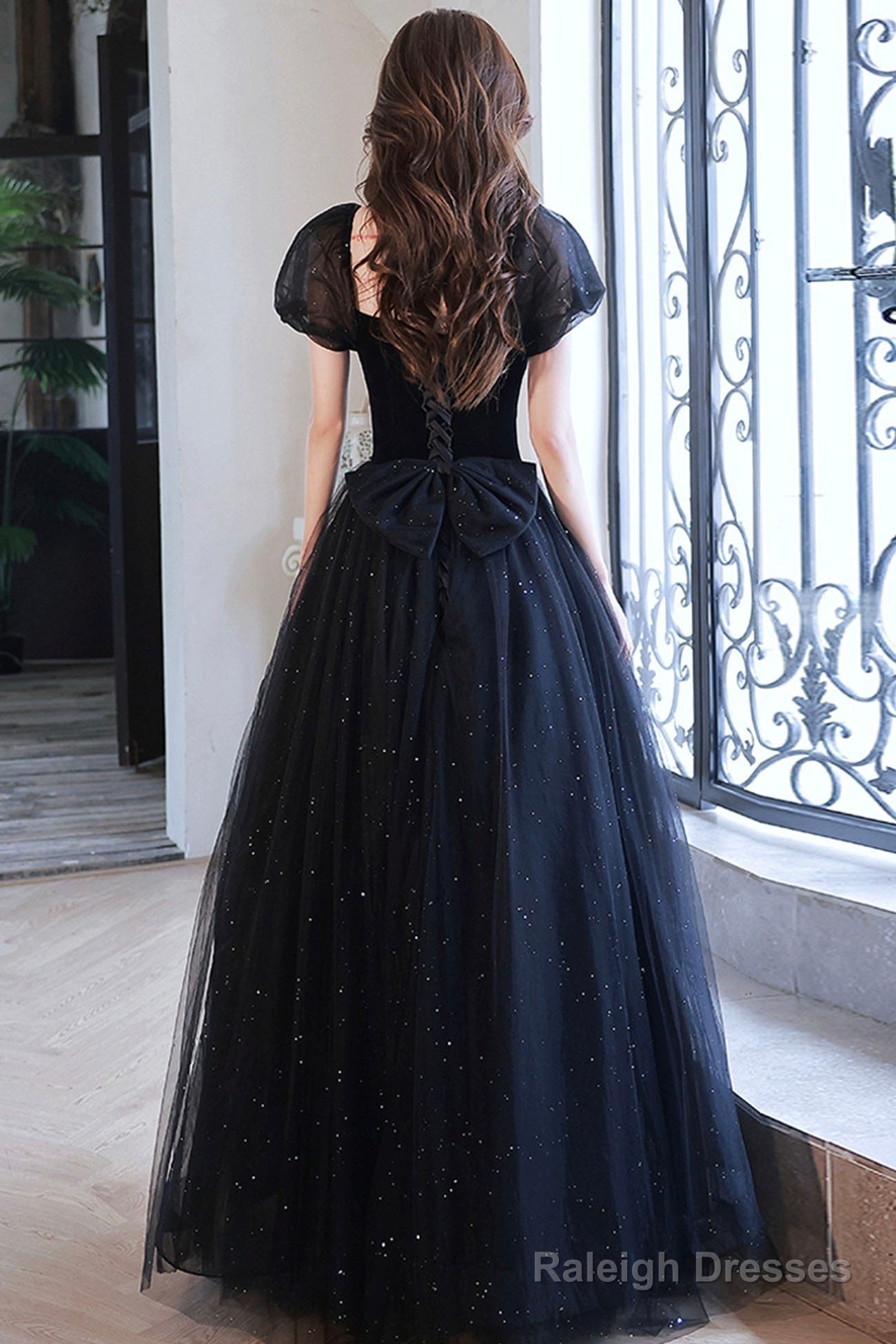 Black Shiny Tulle Long Prom Dress, Black Short Sleeve Evening Dress