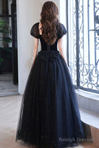 Black Shiny Tulle Long Prom Dresses Black Short Sleeve Prom Dresses