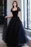 Black Shiny Tulle Long Prom Dress, Black Short Sleeve Evening Dress