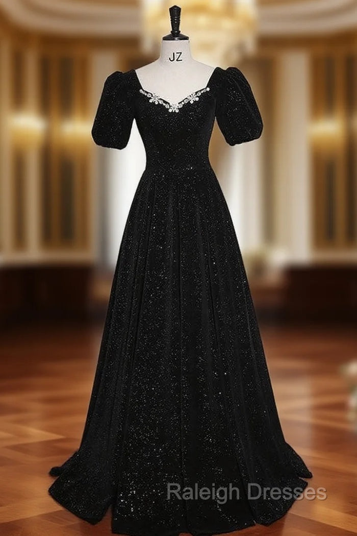 Black Short Sleeve Crystal Prom Dress Main image