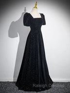 Black Short Sleeves A Line Simple Prom Dress, Black Prom Dress Bridesmaid Dress