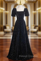 Black Short Sleeves A Line Simple Prom Dress, Black Prom Dress Bridesmaid Dress