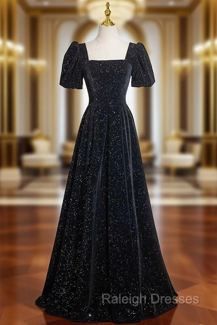 Black Short Sleeves A Line Simple Prom Dress, Black Prom Dress Bridesmaid Dress