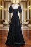 Black Short Sleeves A Line Simple Prom Dress, Black Prom Dress Bridesmaid Dress
