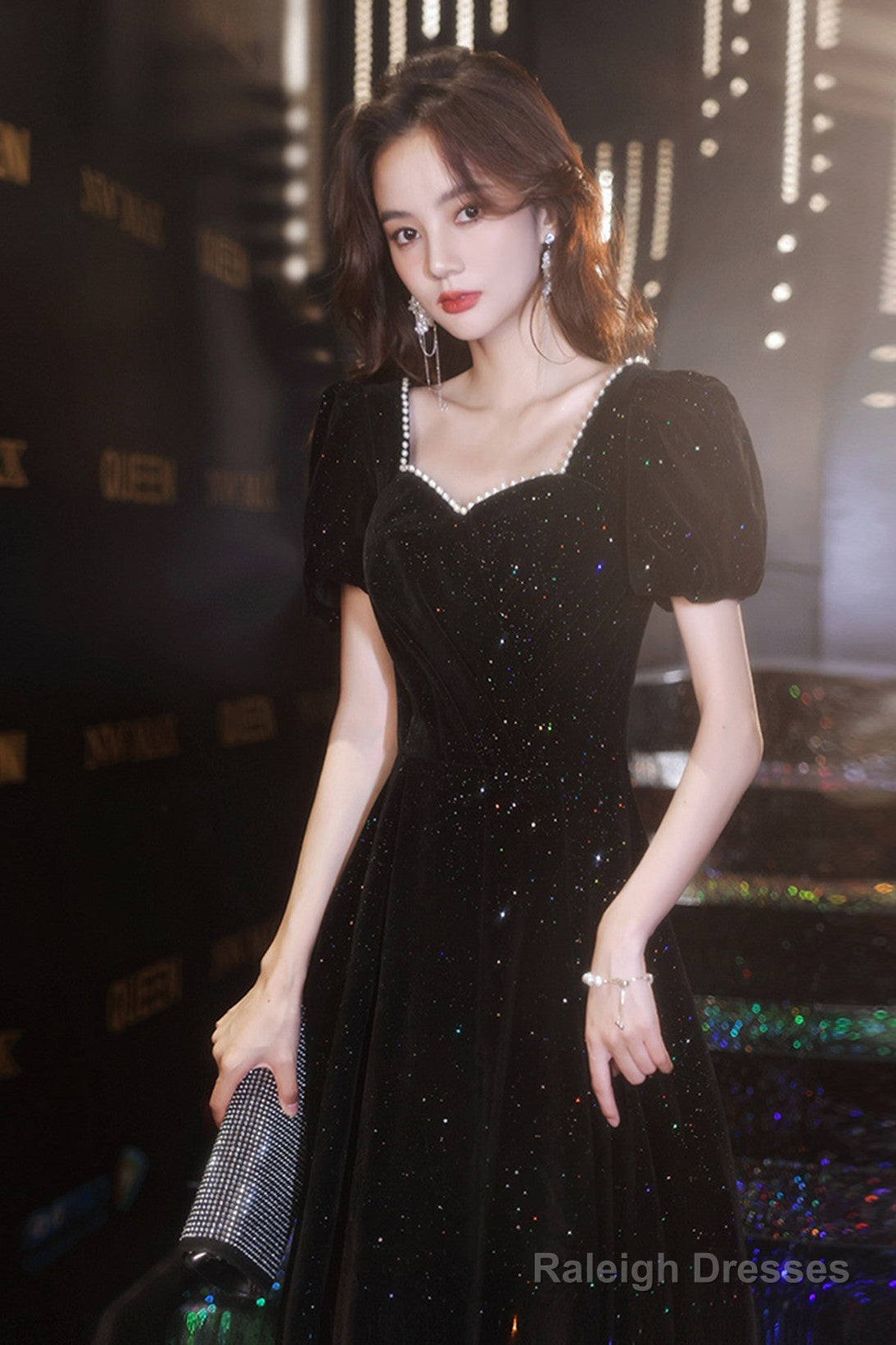 Black Short Sleeves A-Line Velvet Long Prom Dress, Black Evening Dress Party Dress Secondary image