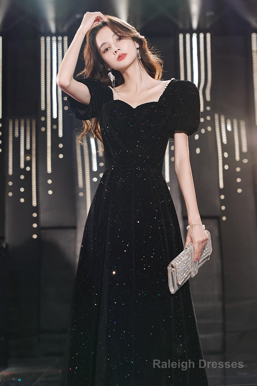 Black Short Sleeves A-Line Velvet Long Prom Dresses Black Prom Dresseses