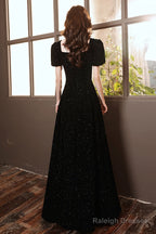 Black Short Sleeves A-Line Velvet Long Prom Dresses Black Prom Dresseses