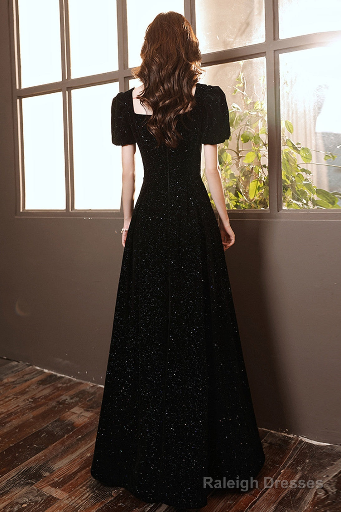 Black Short Sleeves A-Line Velvet Long Prom Dresses Black Prom Dresseses
