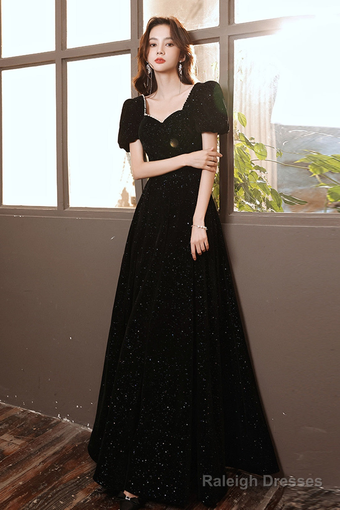 Black Short Sleeves A-Line Velvet Long Prom Dress, Black Evening Dress Party Dress