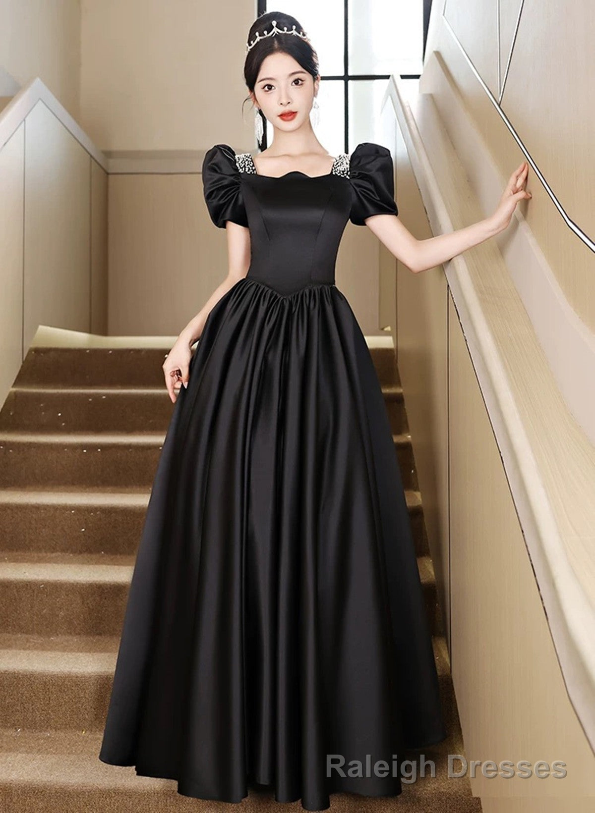 Black Short Sleeves Beaded A Line Satin Prom Dress, Black Satin Prom Dress Secondary image