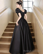 Black Short Sleeves Beaded A-line Satin Prom Dress, Black Satin Party Dress