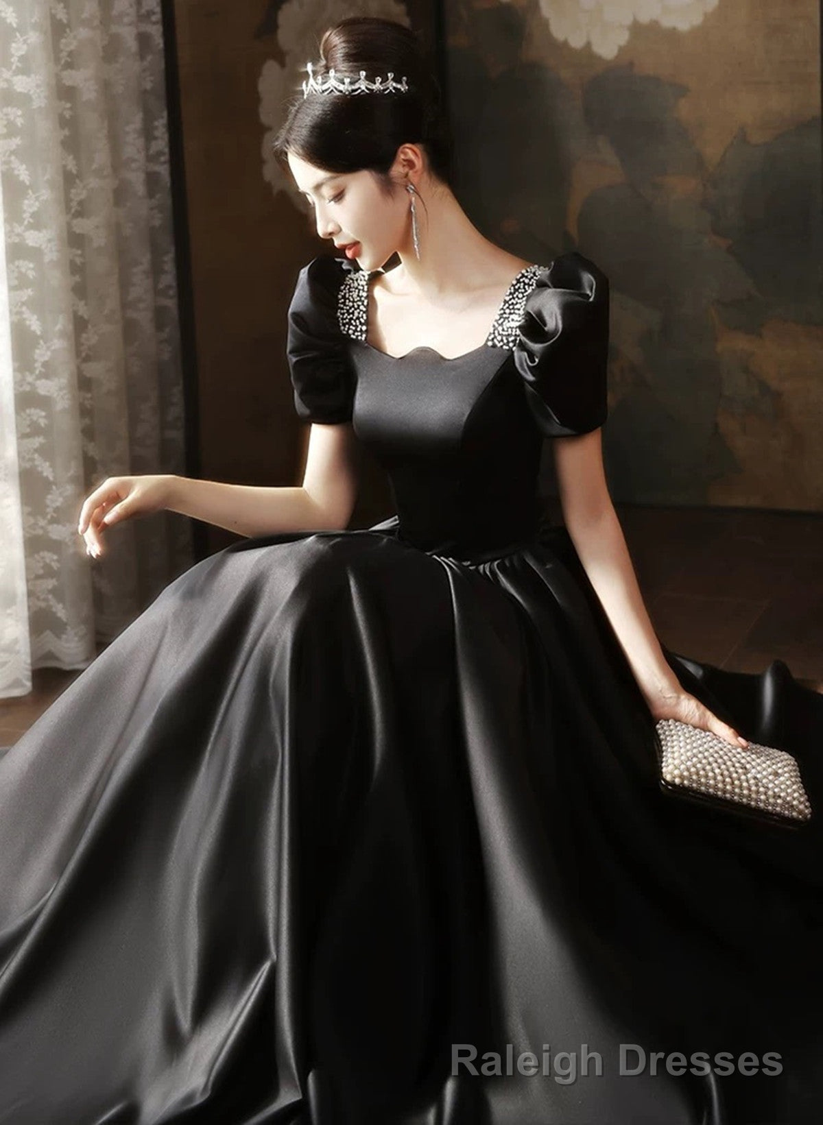 Black Short Sleeves Beaded A Line Satin Prom Dress, Black Satin Prom Dress Main image