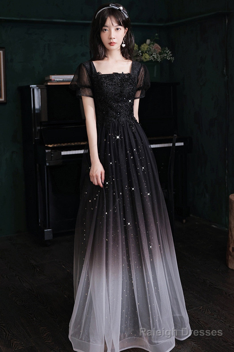 Black Short Sleeves Gradient Tulle With Lace Prom Dresses Black A-Line Prom Dresses Secondary image