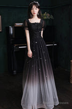 Black Short Sleeves Gradient Tulle With Lace Prom Dresses Black A-Line Prom Dresses