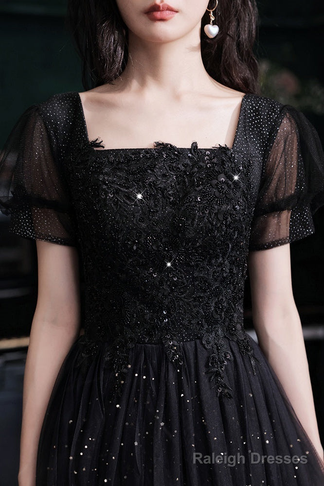 Black Short Sleeves Gradient Tulle With Lace Party Dress, Black A-Line Prom Dress