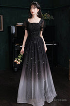 Black Short Sleeves Gradient Tulle With Lace Party Dress, Black A-Line Prom Dress