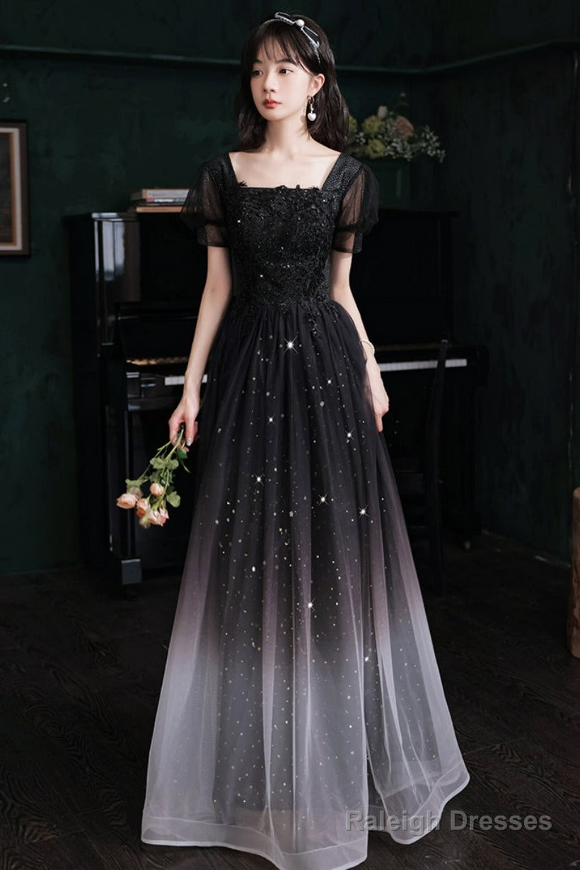 Black Short Sleeves Gradient Tulle With Lace Party Dress, Black A-Line Prom Dress