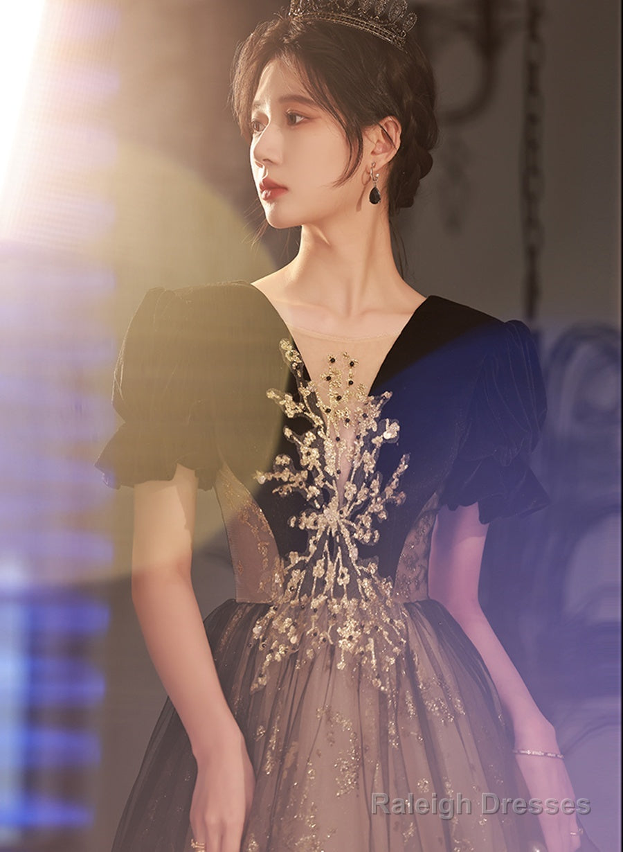 Black Short Sleeves Tulle Long Party Dress With Lace, Black A-Line Prom Dress