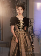 Black Short Sleeves Tulle Long Prom Dresses With Lace Black A-Line Prom Dresses