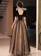 Black Short Sleeves Tulle Long Prom Dresses With Lace Black A-Line Prom Dresses