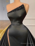 Black Sleeveless A-Line Beaded Side Slit Prom Dresses