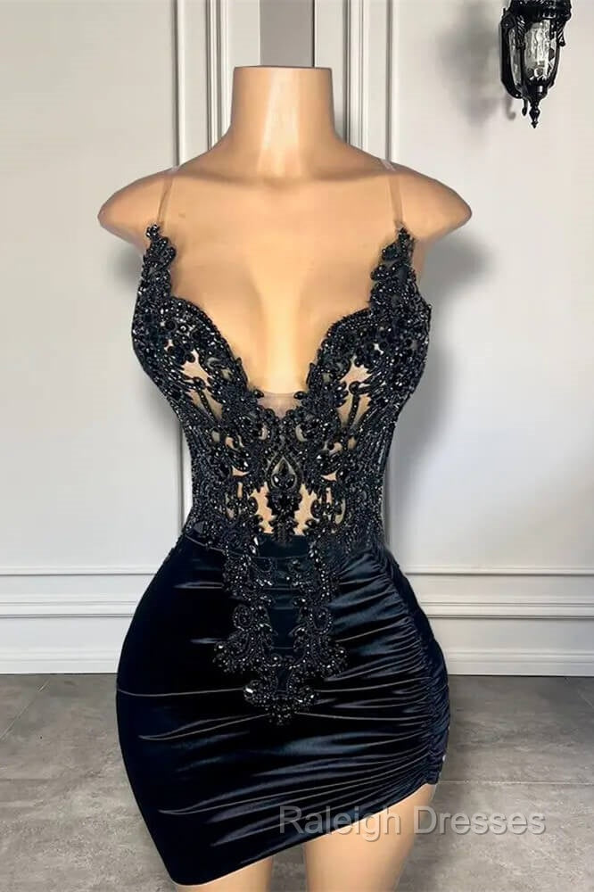 Black Sleeveless Short Prom Dresses with Spaghetti Straps and Beadings Secondary image