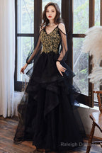 Black Spaghetti Strap Lace Long Prom Dresses Black Prom Graduation Dresses