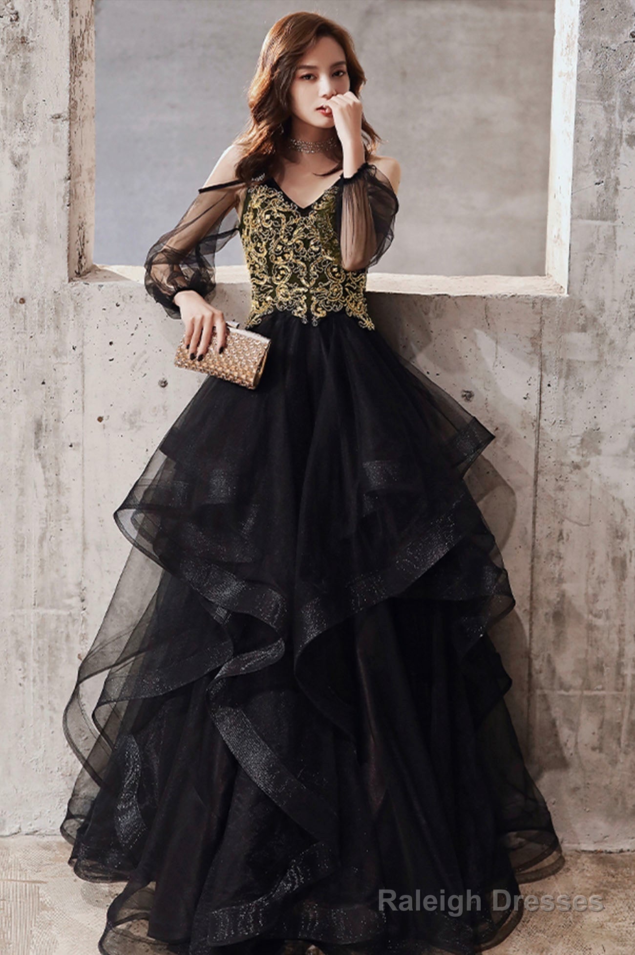 Black Spaghetti Strap Lace Long Prom Dress, Black Evening Graduation Dress