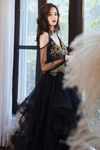 Black Spaghetti Strap Lace Long Prom Dress, Black Evening Graduation Dress