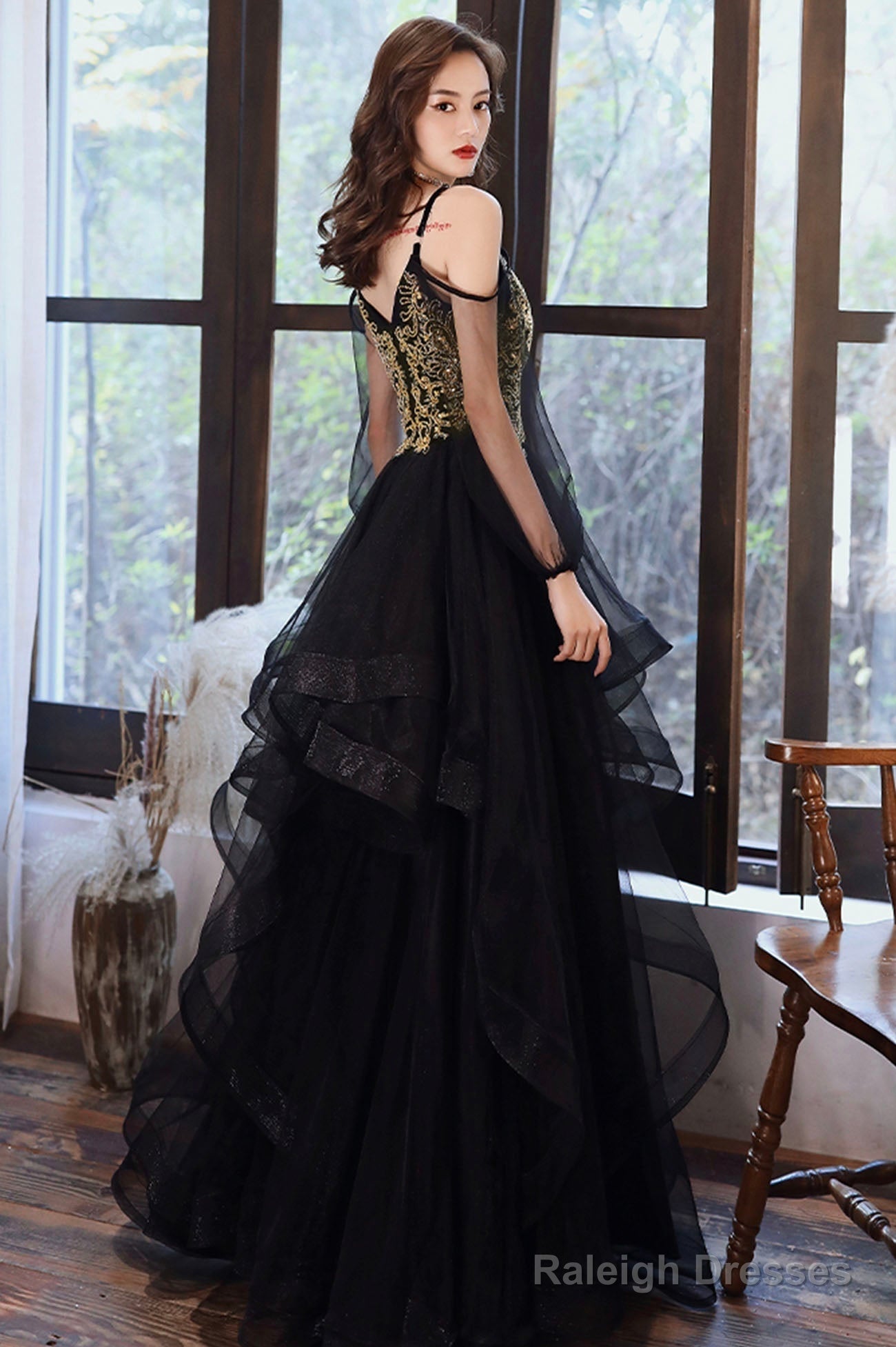 Black Spaghetti Strap Lace Long Prom Dress, Black Evening Graduation Dress