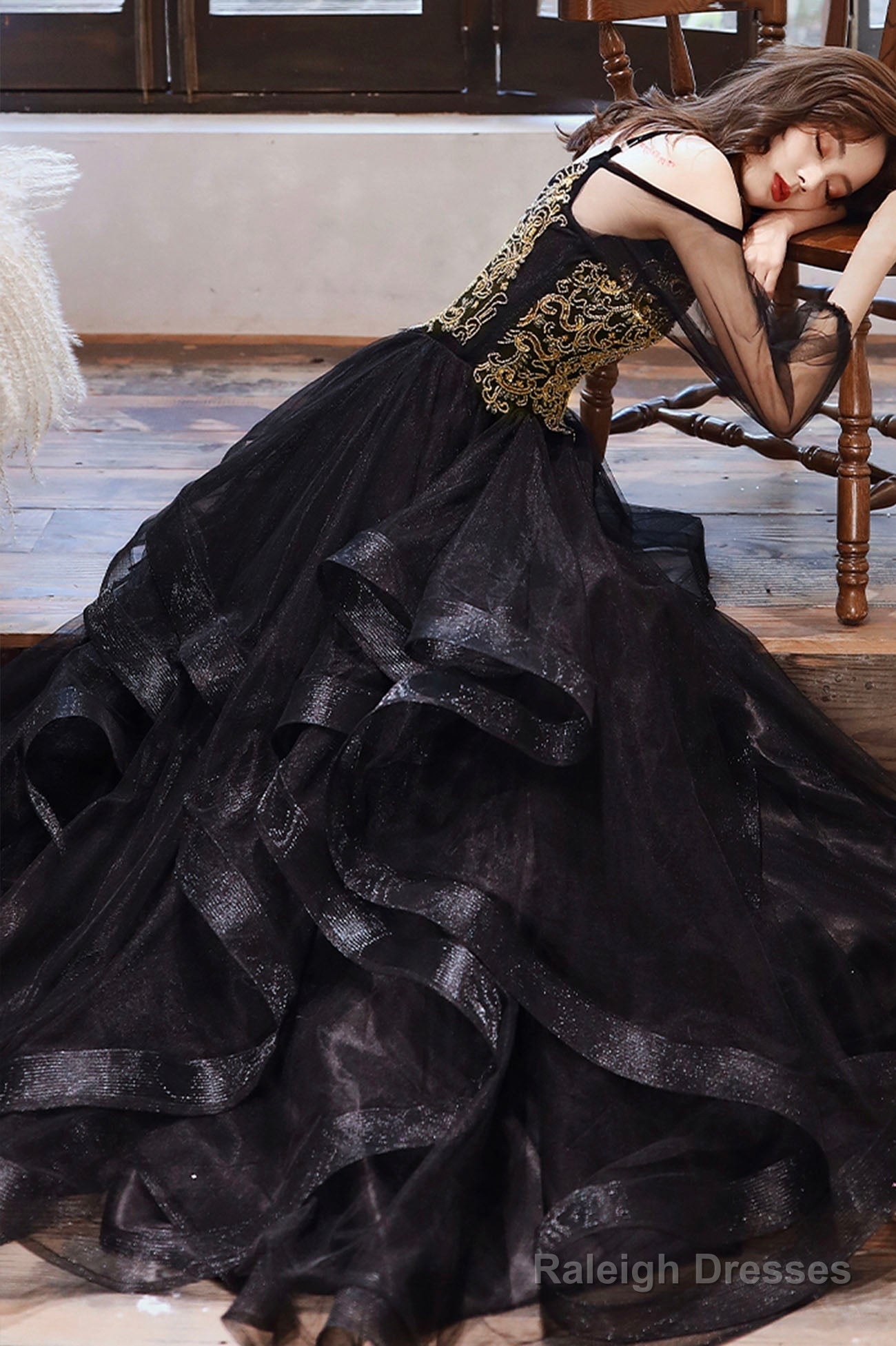 Black Spaghetti Strap Lace Long Prom Dresses Black Prom Graduation Dresses